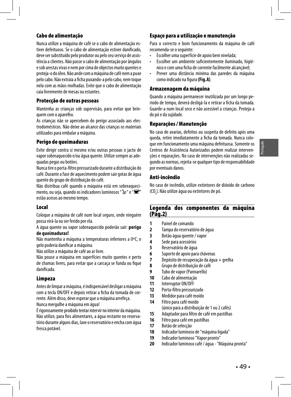 Legenda dos componentes da máquina (pág.2) | Philips Saeco Poemia Cafetera expreso manual User Manual | Page 49 / 104