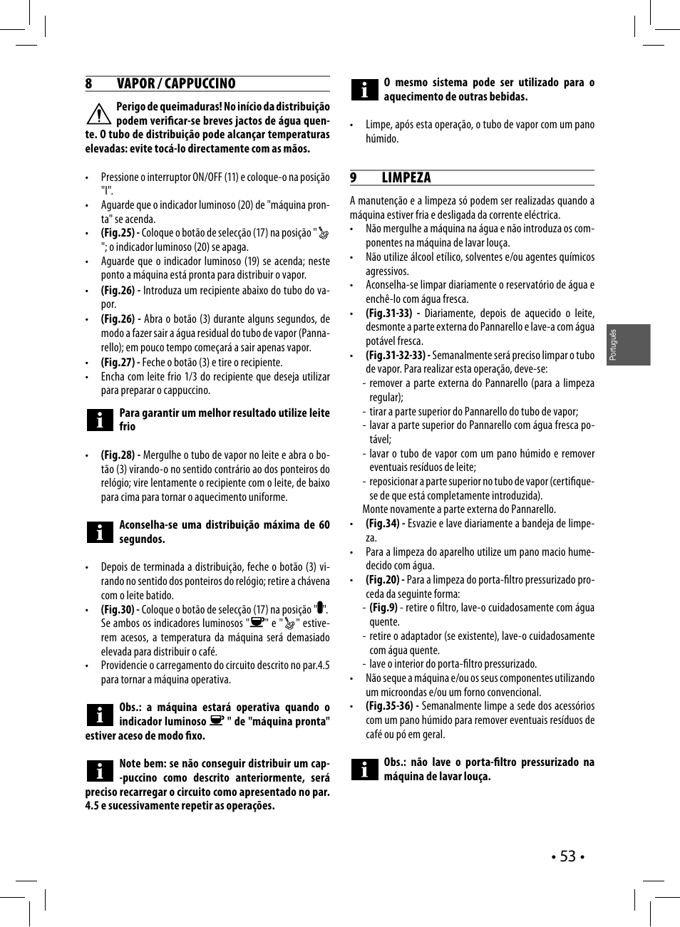 8 vapor / cappuccino, 9 limpeza | Philips Saeco Poemia Cafetera expreso manual User Manual | Page 53 / 104