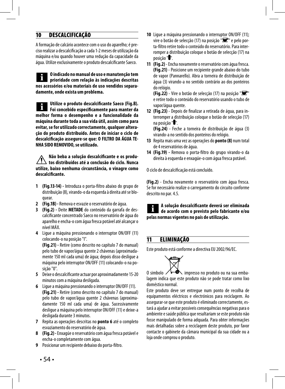 10 descalcificação, 11 eliminação | Philips Saeco Poemia Cafetera expreso manual User Manual | Page 54 / 104