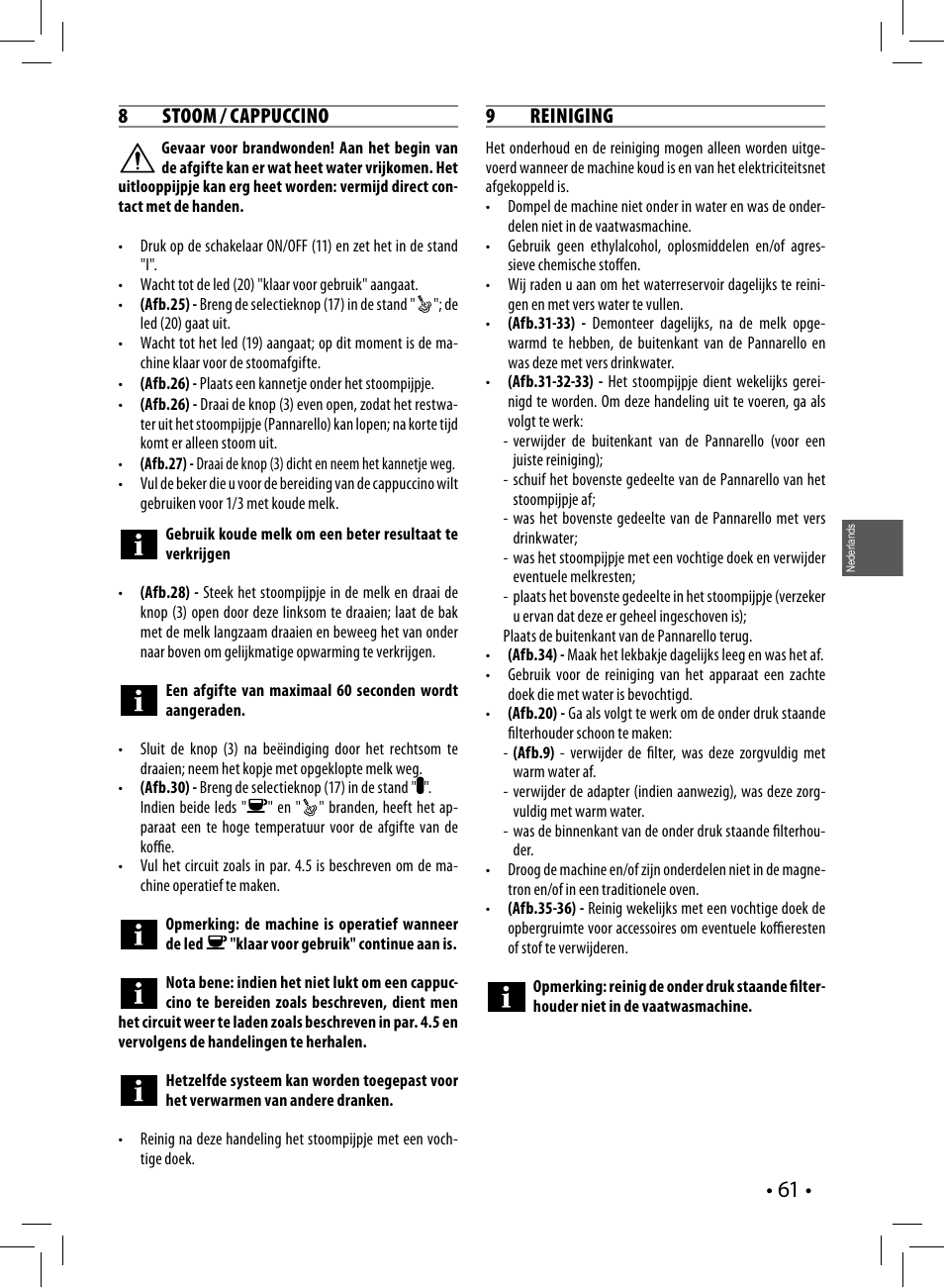 8 stoom / cappuccino, 9 reiniging | Philips Saeco Poemia Cafetera expreso manual User Manual | Page 61 / 104