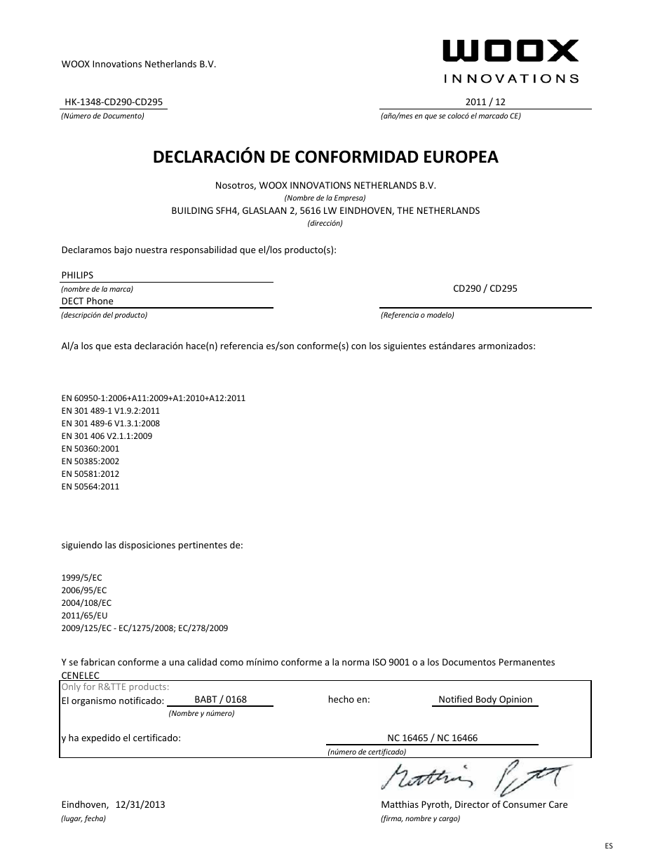 Declaración de conformidad europea | Philips CD290 User Manual | Page 7 / 21