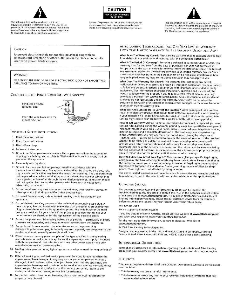 Caution | Altec Lansing VS4221 User Manual | Page 2 / 9