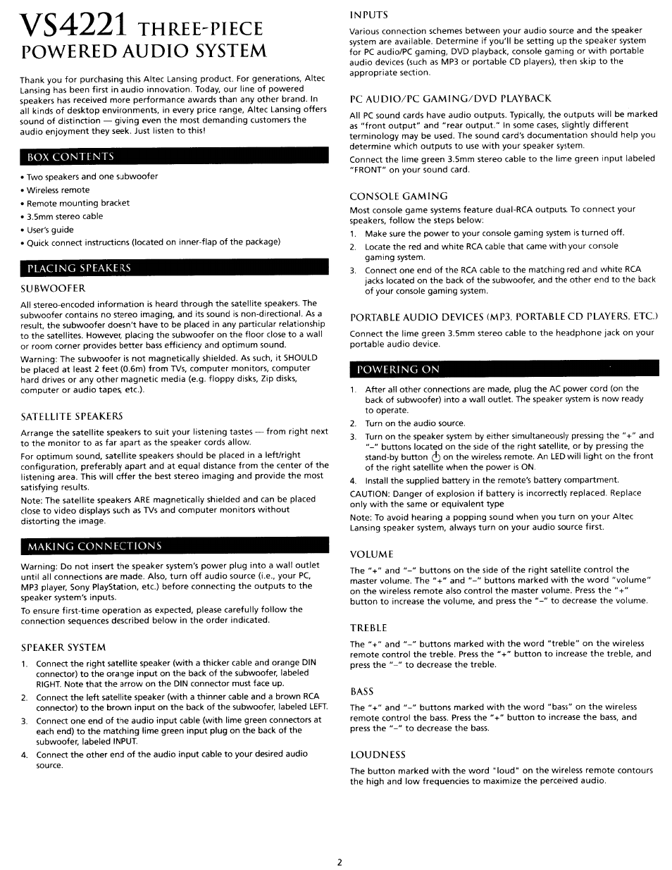 Vs4221, Three-piece powered audio system | Altec Lansing VS4221 User Manual | Page 3 / 9