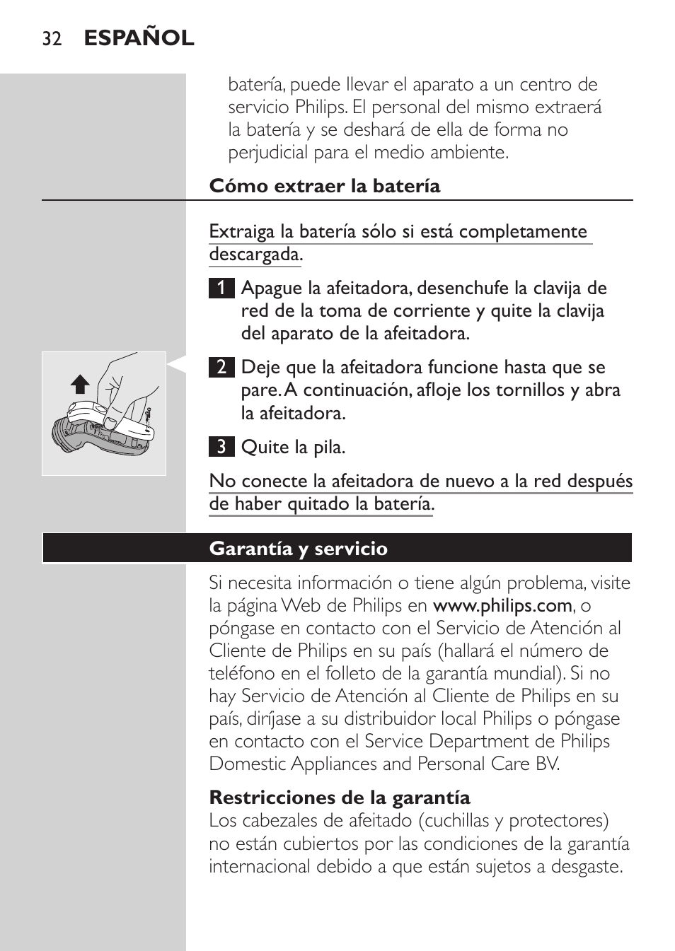 Cómo extraer la batería, Restricciones de la garantía, Garantía y servicio | Philips Afeitadora eléctrica User Manual | Page 30 / 84