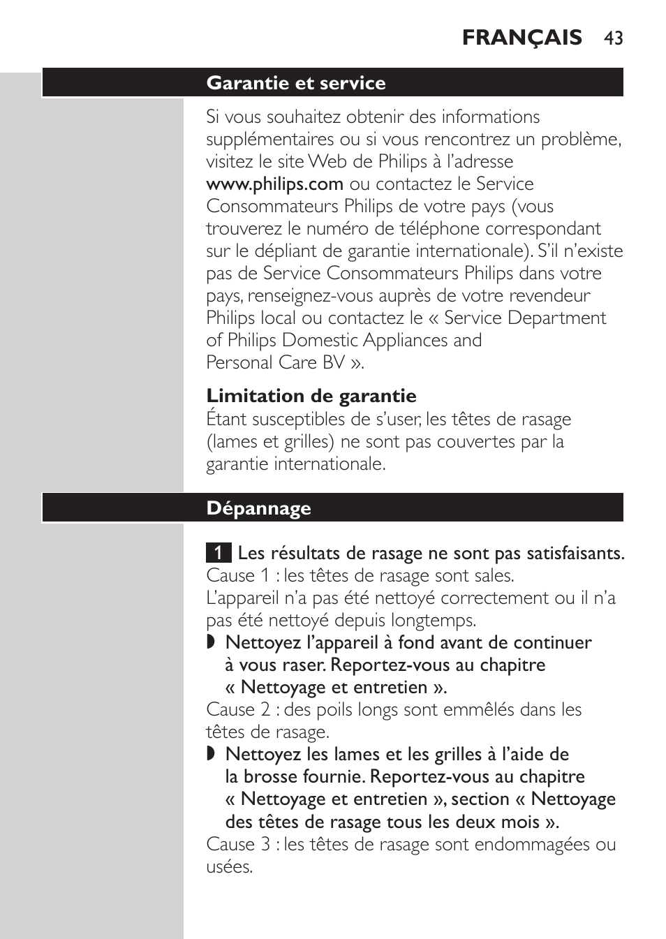 Limitation de garantie, Garantie et service, Dépannage | Philips Afeitadora eléctrica User Manual | Page 41 / 84