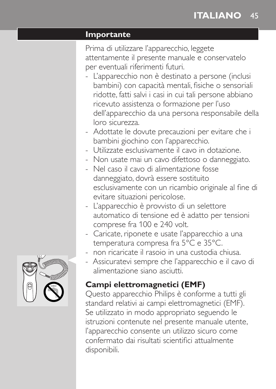 Campi elettromagnetici (emf), Italiano, Importante | Philips Afeitadora eléctrica User Manual | Page 43 / 84