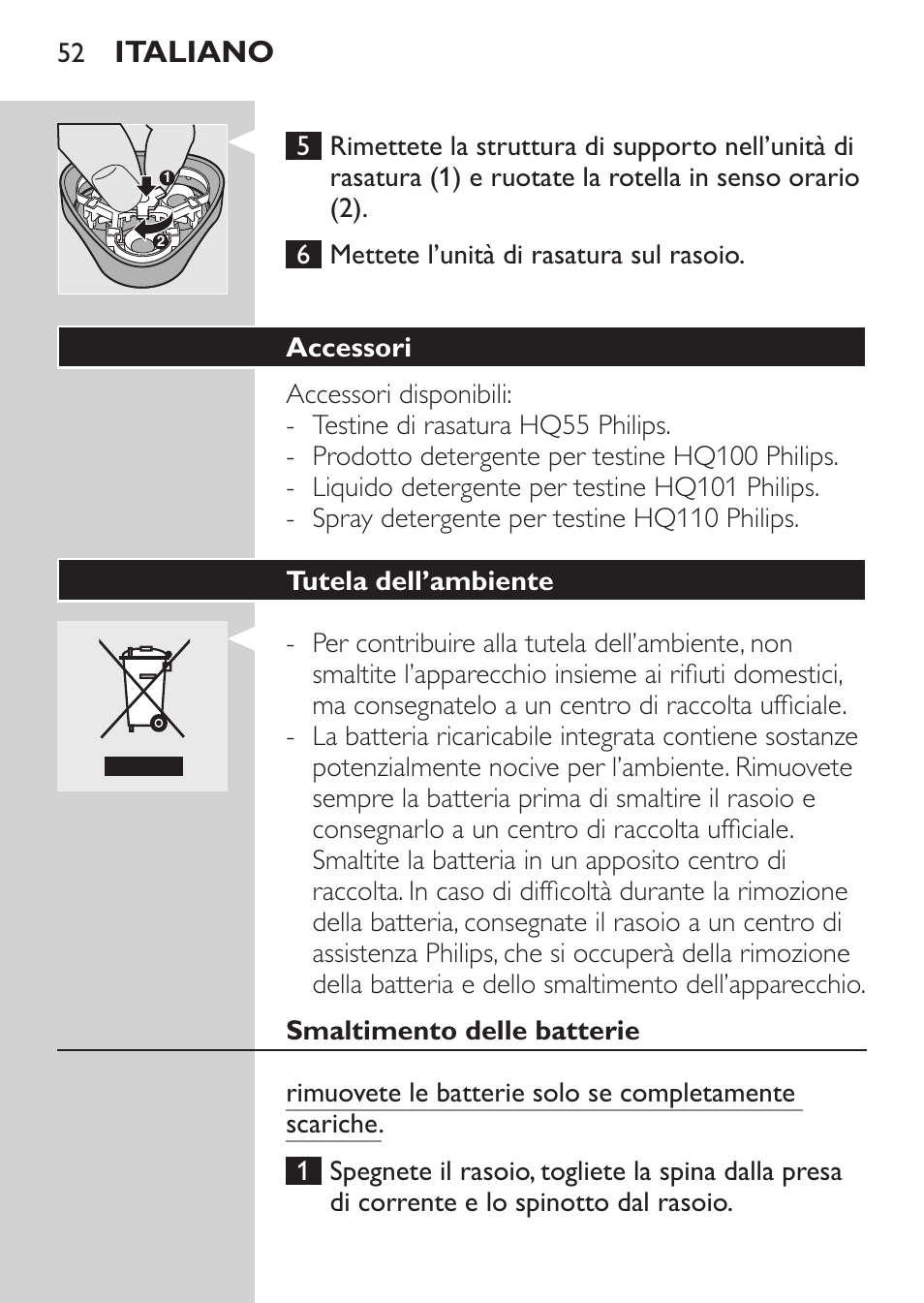 Accessori, Tutela dell’ambiente, Smaltimento delle batterie | Italiano | Philips Afeitadora eléctrica User Manual | Page 50 / 84