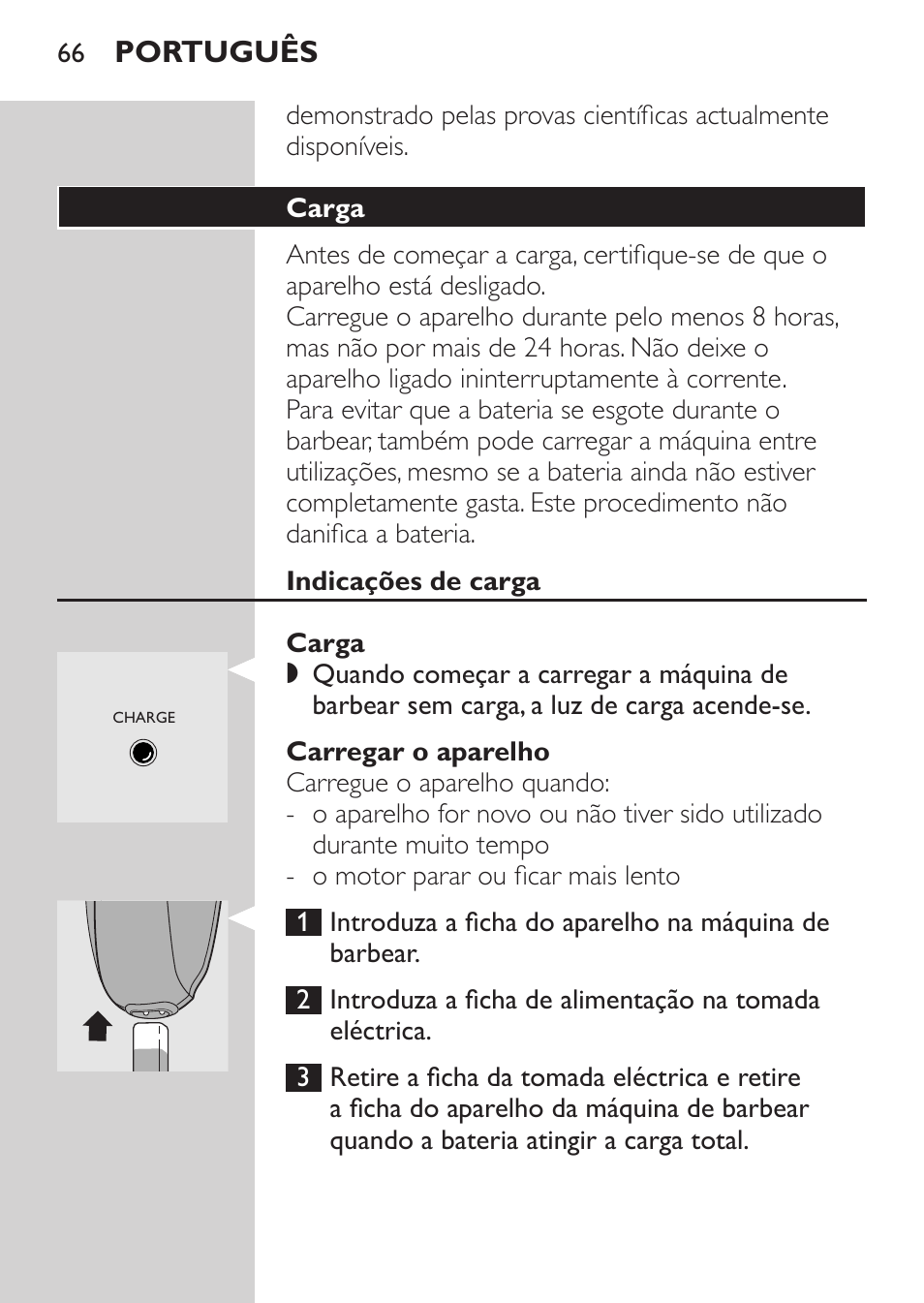 Carga, Indicações de carga, Carregar o aparelho | Português | Philips Afeitadora eléctrica User Manual | Page 64 / 84