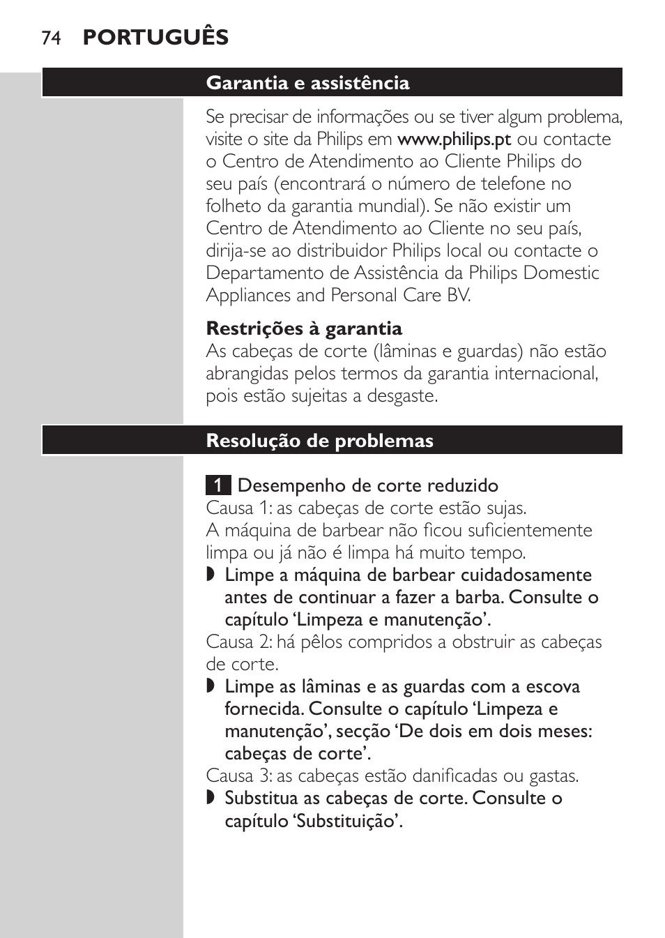 Restrições à garantia, Garantia e assistência, Resolução de problemas | Philips Afeitadora eléctrica User Manual | Page 72 / 84