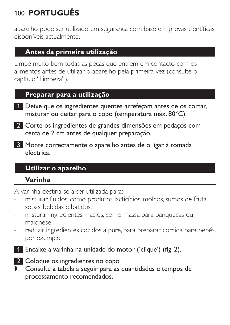 Antes da primeira utilização, Preparar para a utilização, Utilizar o aparelho | Varinha | Philips Pure Essentials Collection Batidora de mano User Manual | Page 100 / 128