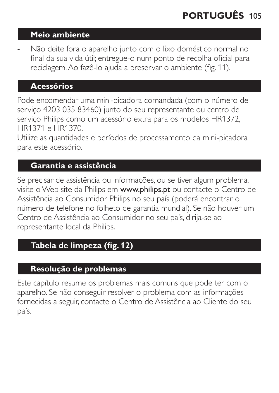 Meio ambiente, Acessórios, Garantia e assistência | Tabela de limpeza (fig. 12), Resolução de problemas | Philips Pure Essentials Collection Batidora de mano User Manual | Page 105 / 128