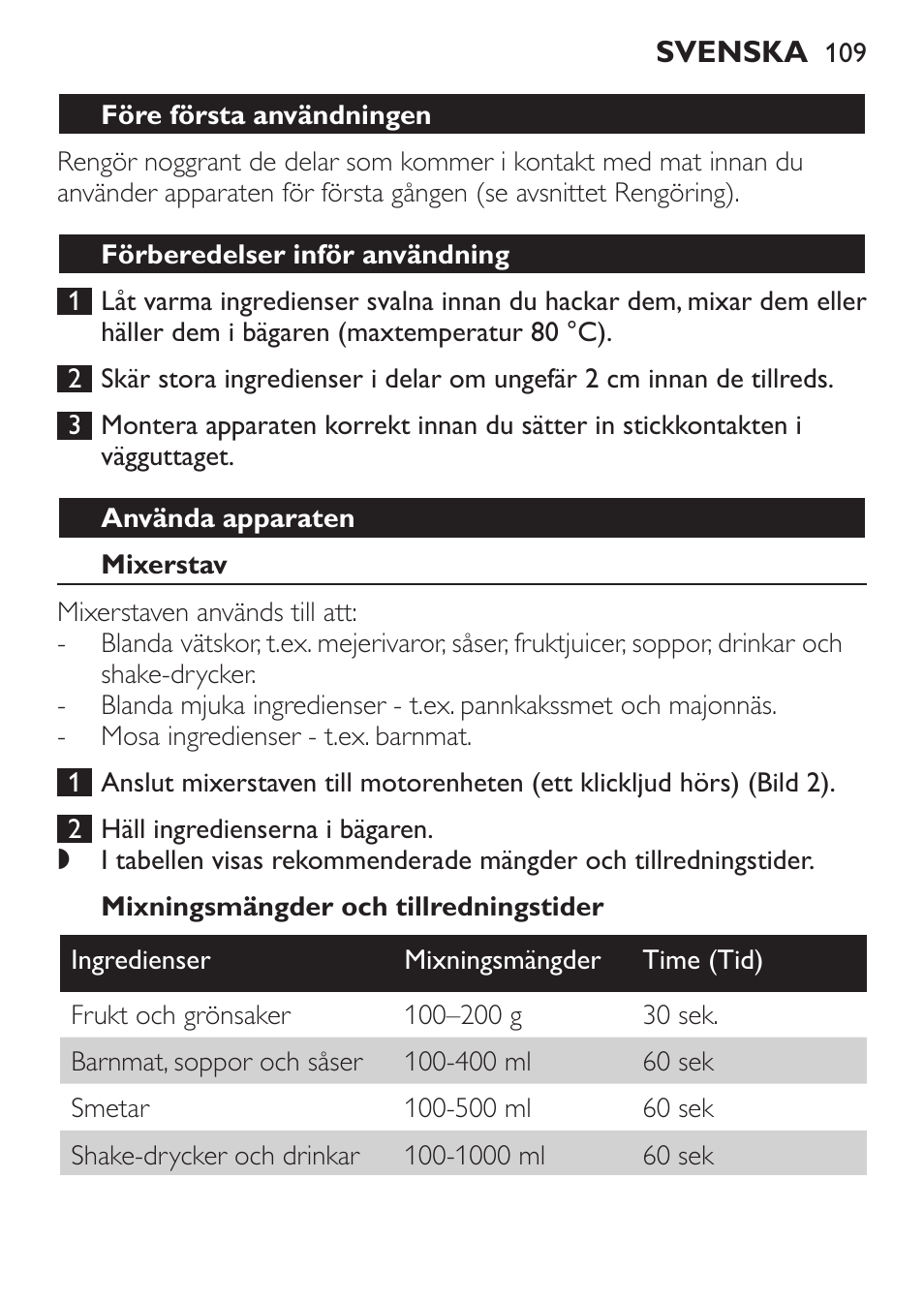 Före första användningen, Förberedelser inför användning, Använda apparaten | Mixerstav, Mixningsmängder och tillredningstider | Philips Pure Essentials Collection Batidora de mano User Manual | Page 109 / 128