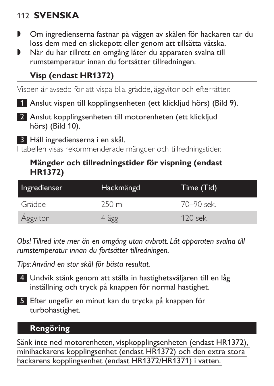 Visp (endast hr1372), Rengöring | Philips Pure Essentials Collection Batidora de mano User Manual | Page 112 / 128