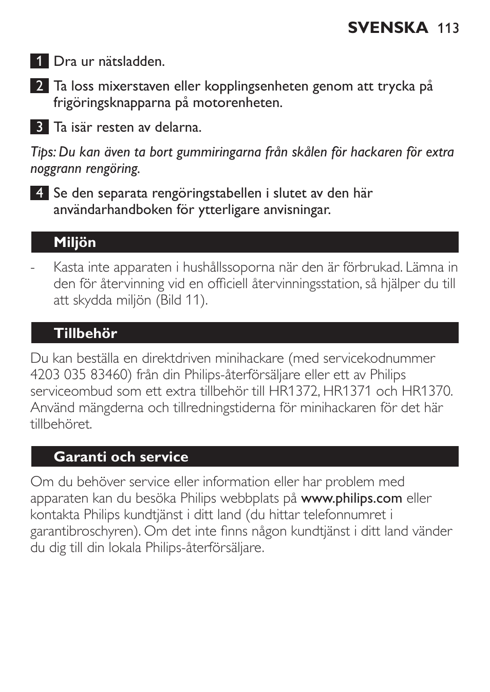 Miljön, Tillbehör, Garanti och service | Philips Pure Essentials Collection Batidora de mano User Manual | Page 113 / 128