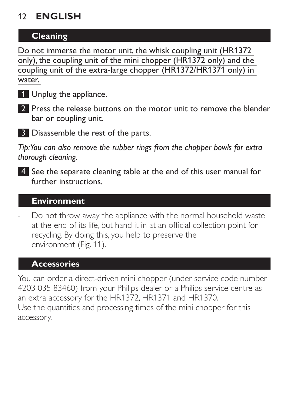 Cleaning, Environment, Accessories | Guarantee and service | Philips Pure Essentials Collection Batidora de mano User Manual | Page 12 / 128