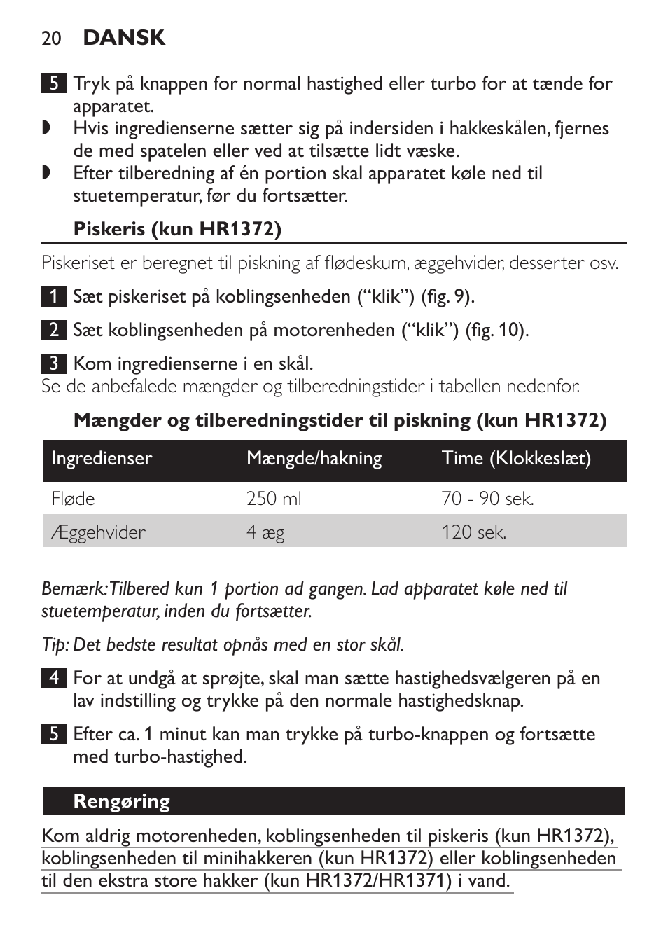 Piskeris (kun hr1372), Rengøring | Philips Pure Essentials Collection Batidora de mano User Manual | Page 20 / 128