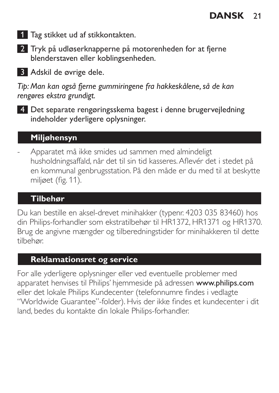 Miljøhensyn, Tilbehør, Reklamationsret og service | Philips Pure Essentials Collection Batidora de mano User Manual | Page 21 / 128