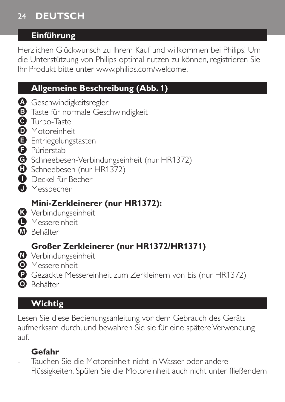 Mini-zerkleinerer (nur hr1372), Großer zerkleinerer (nur hr1372/hr1371), Gefahr | Deutsch, Einführung, Allgemeine beschreibung (abb. 1), Wichtig | Philips Pure Essentials Collection Batidora de mano User Manual | Page 24 / 128