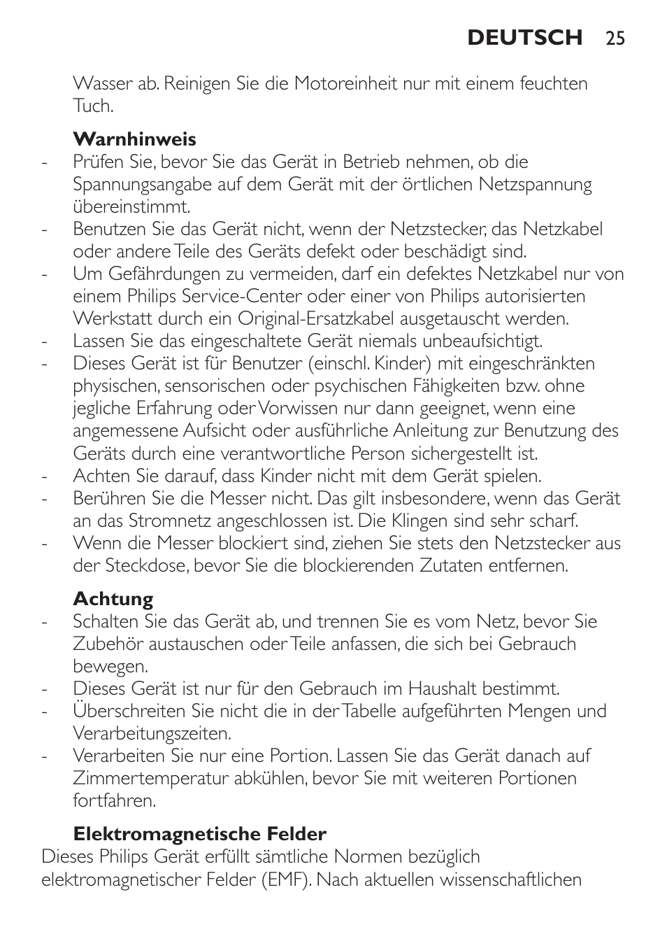 Warnhinweis, Achtung, Elektromagnetische felder | Philips Pure Essentials Collection Batidora de mano User Manual | Page 25 / 128