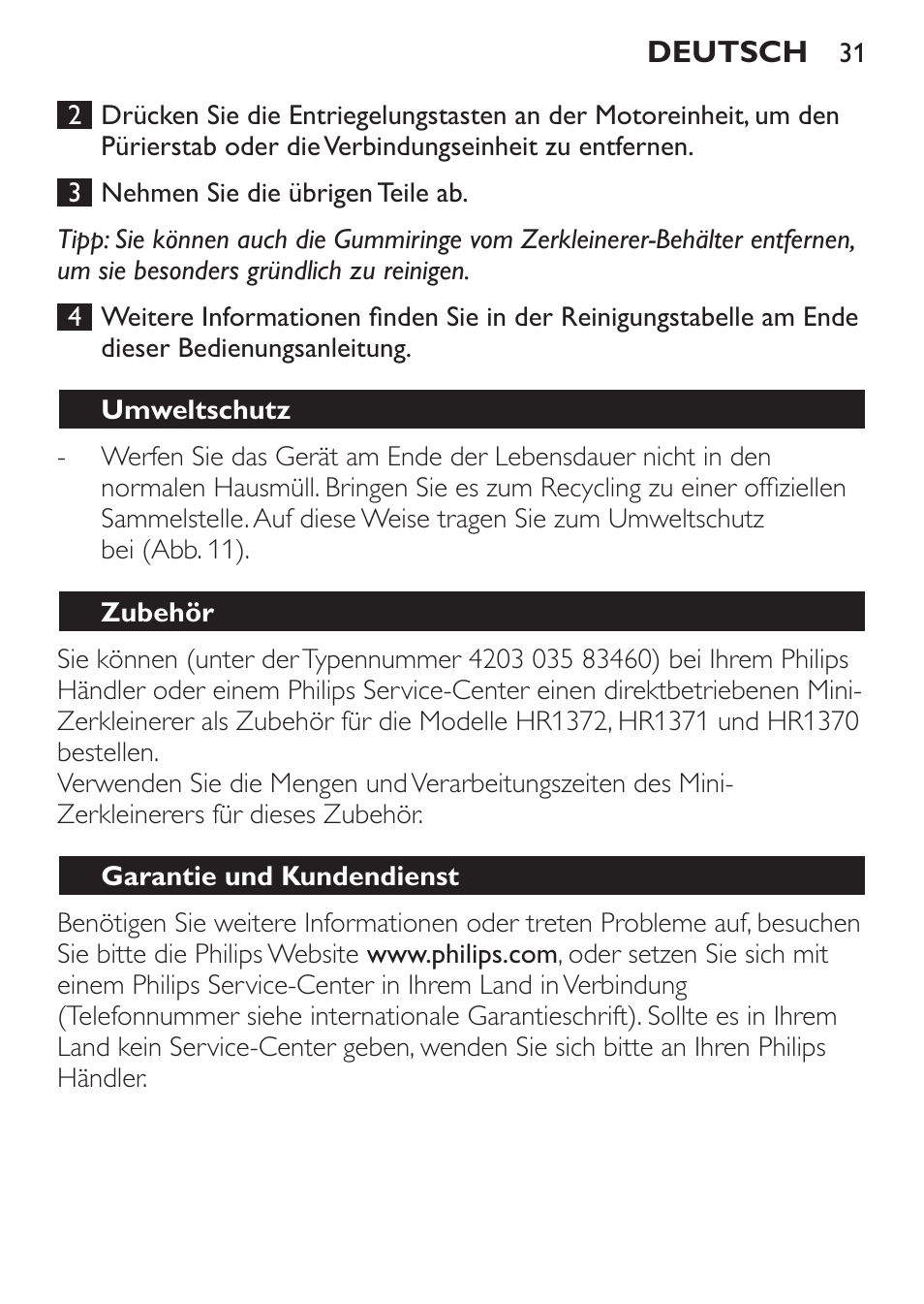 Umweltschutz, Zubehör, Garantie und kundendienst | Philips Pure Essentials Collection Batidora de mano User Manual | Page 31 / 128