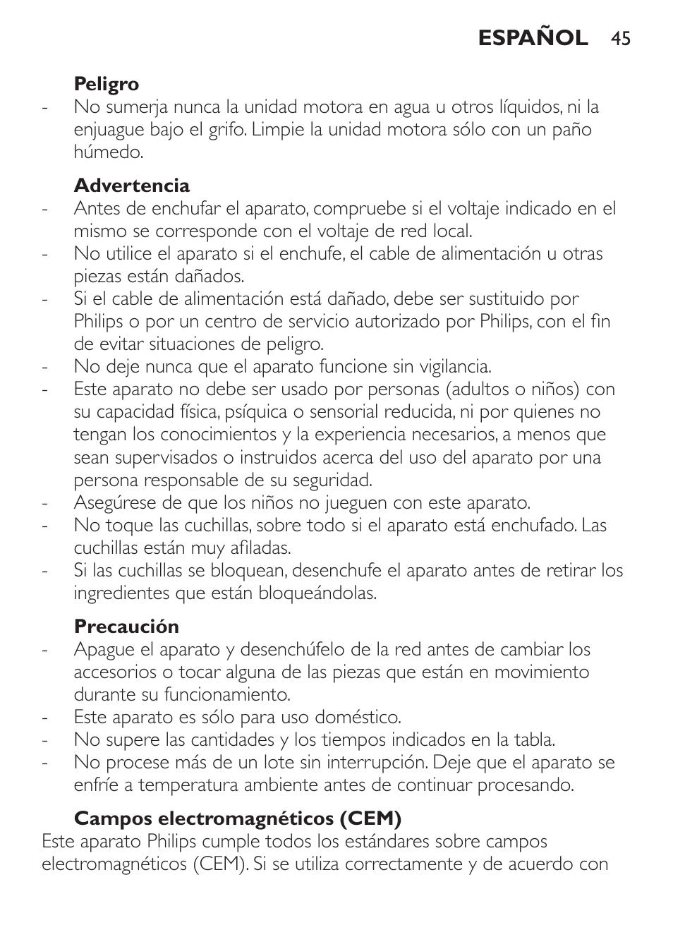 Peligro, Advertencia, Precaución | Campos electromagnéticos (cem) | Philips Pure Essentials Collection Batidora de mano User Manual | Page 45 / 128