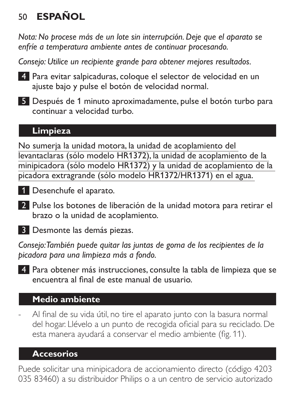 Limpieza, Medio ambiente, Accesorios | Philips Pure Essentials Collection Batidora de mano User Manual | Page 50 / 128