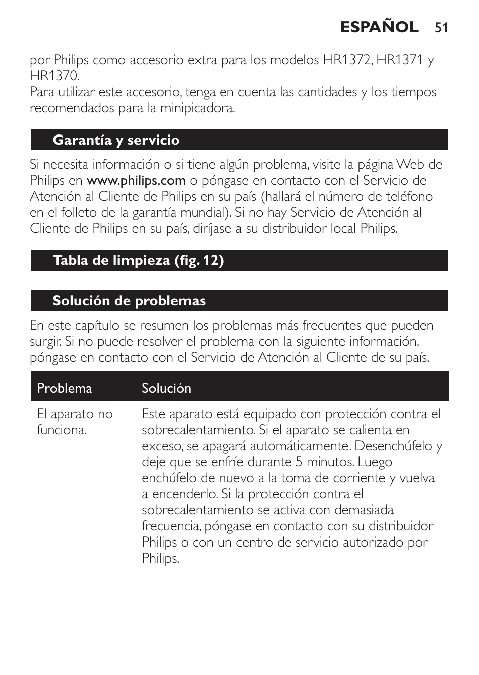 Garantía y servicio, Tabla de limpieza (fig. 12), Solución de problemas | Philips Pure Essentials Collection Batidora de mano User Manual | Page 51 / 128