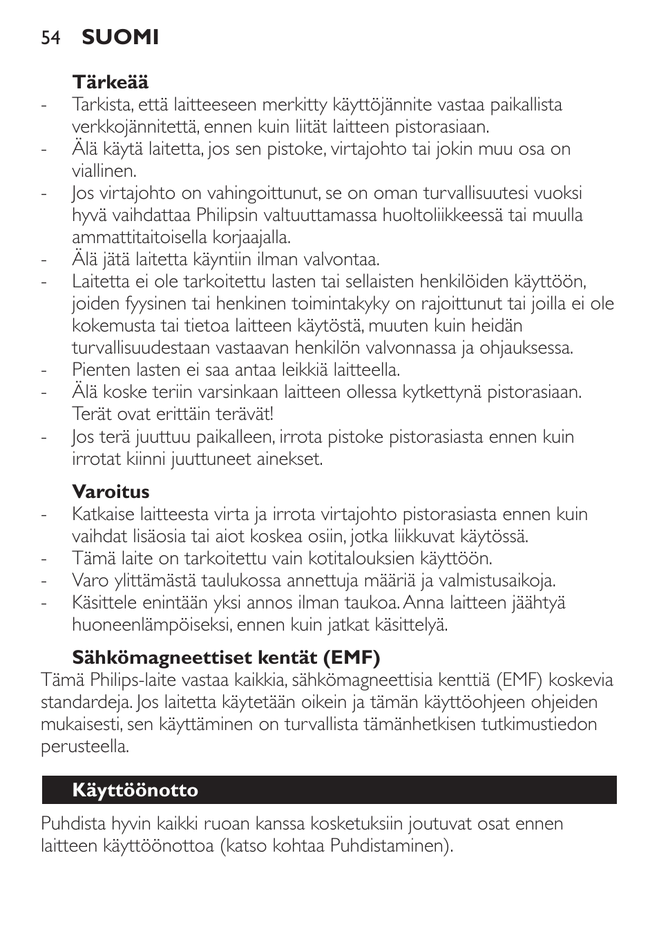 Tärkeää, Varoitus, Sähkömagneettiset kentät (emf) | Käyttöönotto | Philips Pure Essentials Collection Batidora de mano User Manual | Page 54 / 128