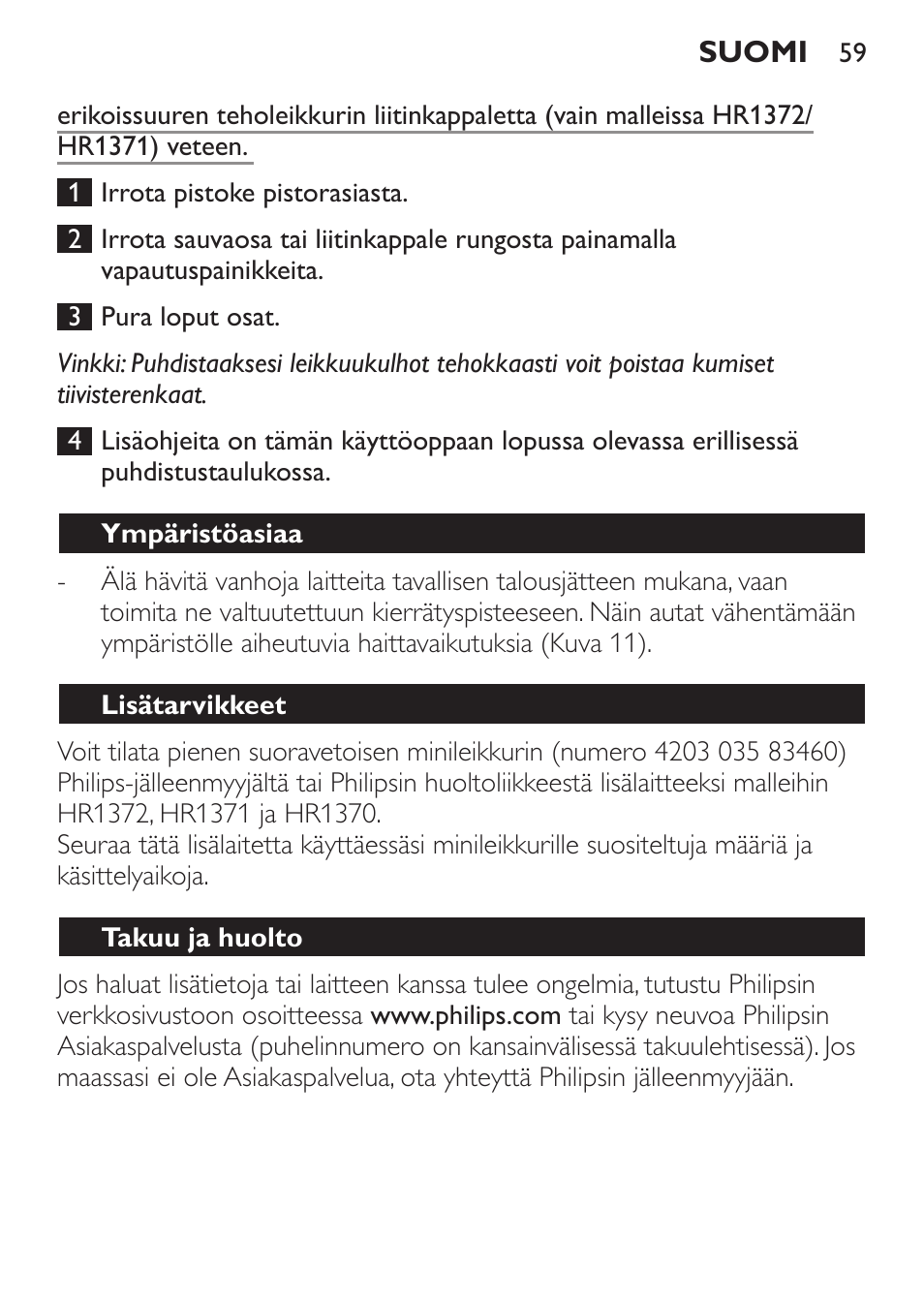 Ympäristöasiaa, Lisätarvikkeet, Takuu ja huolto | Philips Pure Essentials Collection Batidora de mano User Manual | Page 59 / 128