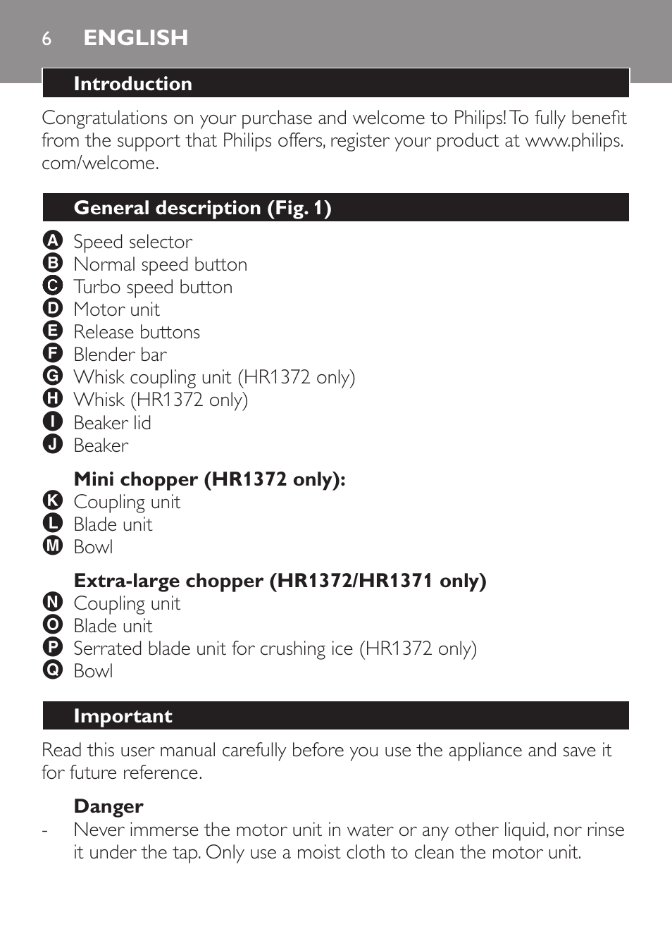 English, Introduction, General description (fig. 1) | Mini chopper (hr1372 only), Extra-large chopper (hr1372/hr1371 only), Important, Danger | Philips Pure Essentials Collection Batidora de mano User Manual | Page 6 / 128