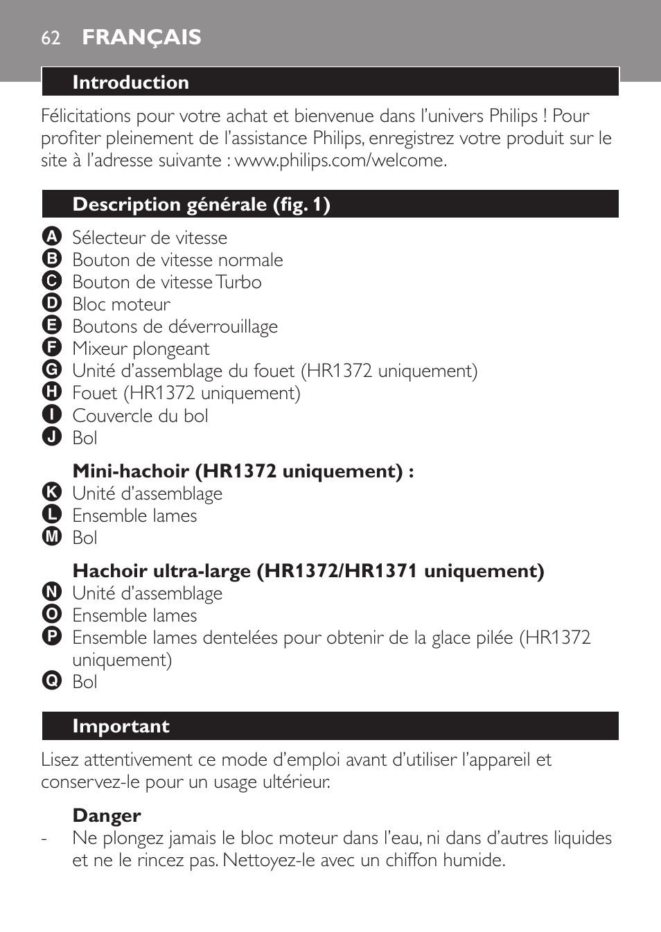 Mini-hachoir (hr1372 uniquement), Hachoir ultra-large (hr1372/hr1371 uniquement), Danger | Français, Introduction, Description générale (fig. 1), Important | Philips Pure Essentials Collection Batidora de mano User Manual | Page 62 / 128