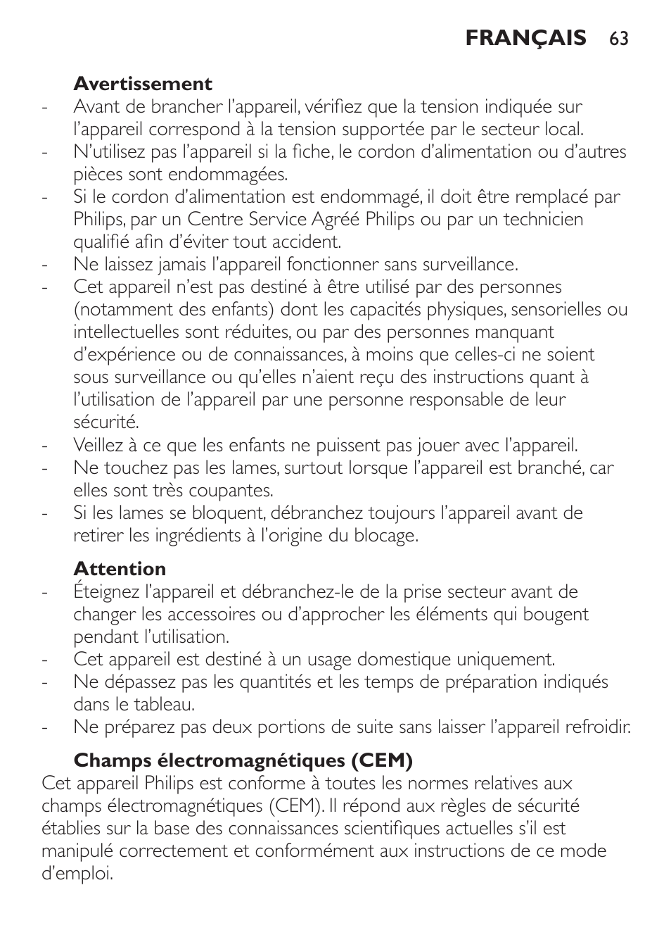 Avertissement, Attention, Champs électromagnétiques (cem) | Philips Pure Essentials Collection Batidora de mano User Manual | Page 63 / 128