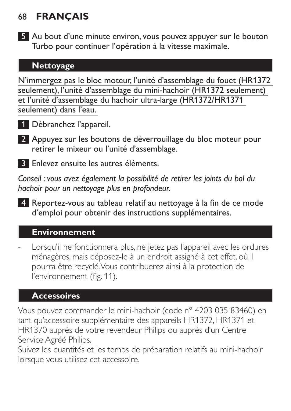 Nettoyage, Environnement, Accessoires | Philips Pure Essentials Collection Batidora de mano User Manual | Page 68 / 128