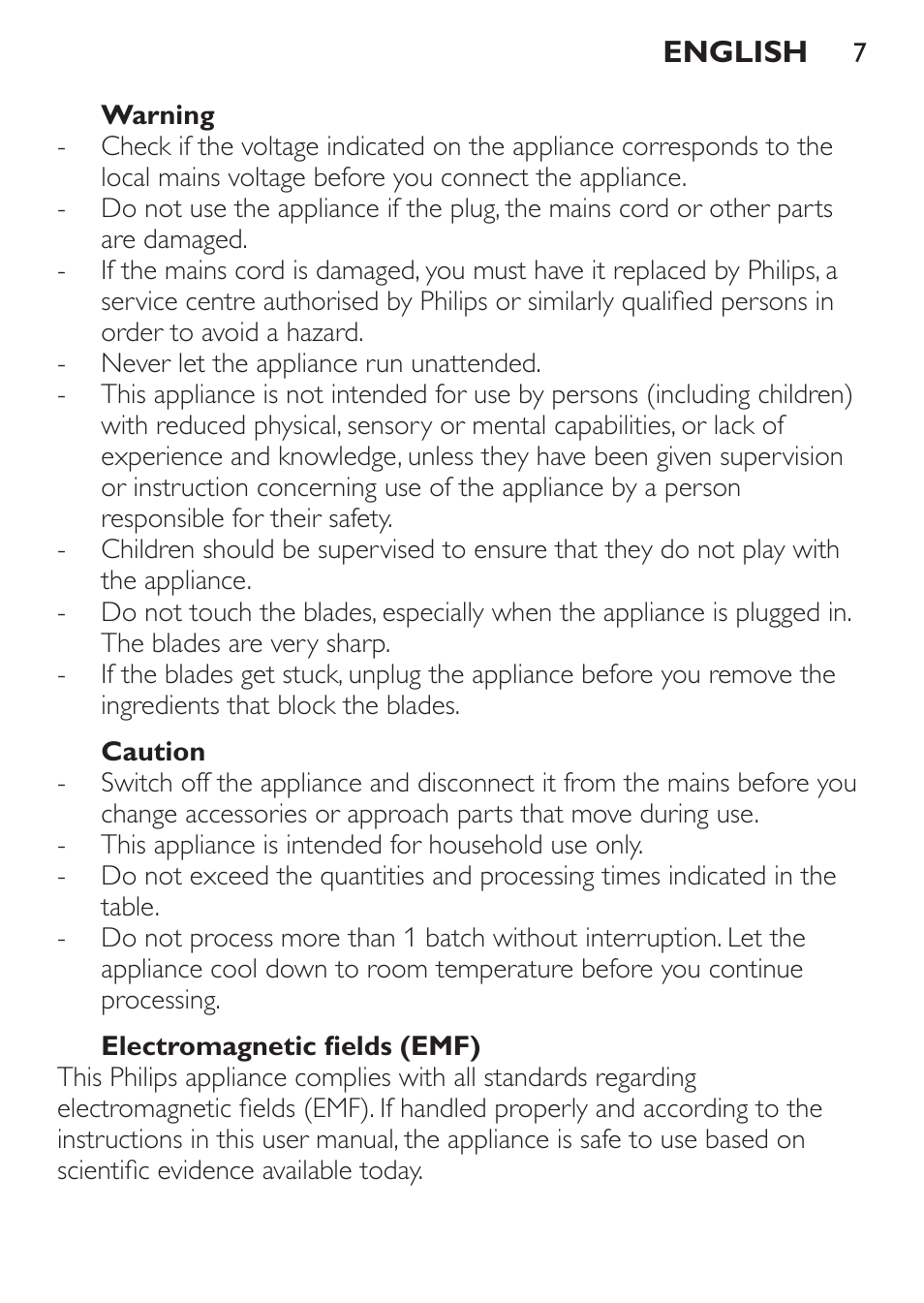 Warning, Caution, Electromagnetic fields (emf) | Philips Pure Essentials Collection Batidora de mano User Manual | Page 7 / 128