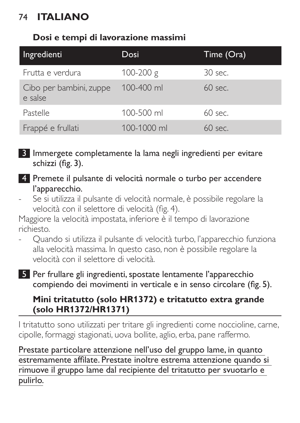 Dosi e tempi di lavorazione massimi | Philips Pure Essentials Collection Batidora de mano User Manual | Page 74 / 128