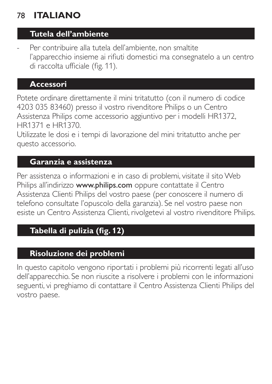 Tutela dell’ambiente, Accessori, Garanzia e assistenza | Tabella di pulizia (fig. 12), Risoluzione dei problemi | Philips Pure Essentials Collection Batidora de mano User Manual | Page 78 / 128