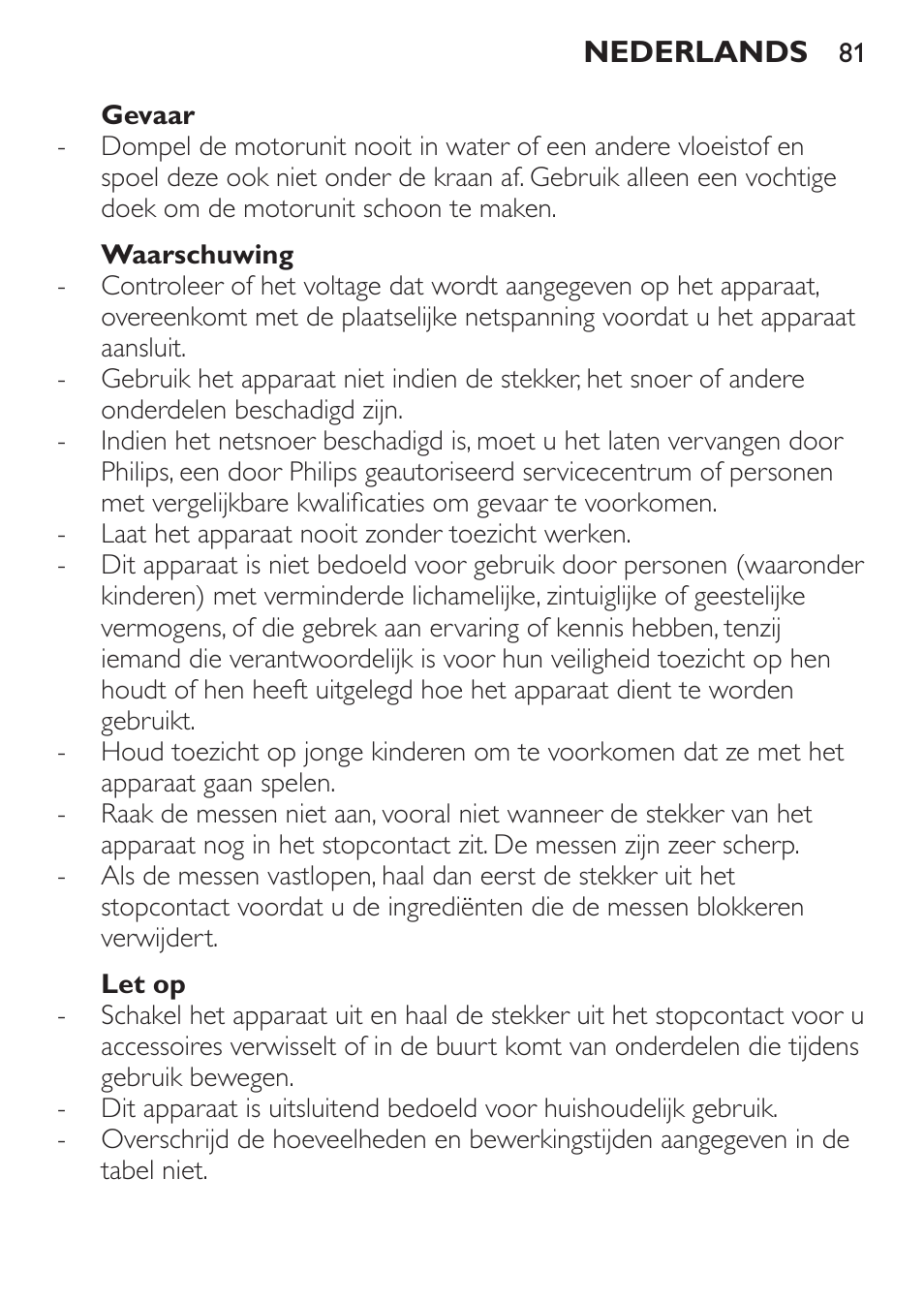 Gevaar, Waarschuwing, Let op | Philips Pure Essentials Collection Batidora de mano User Manual | Page 81 / 128