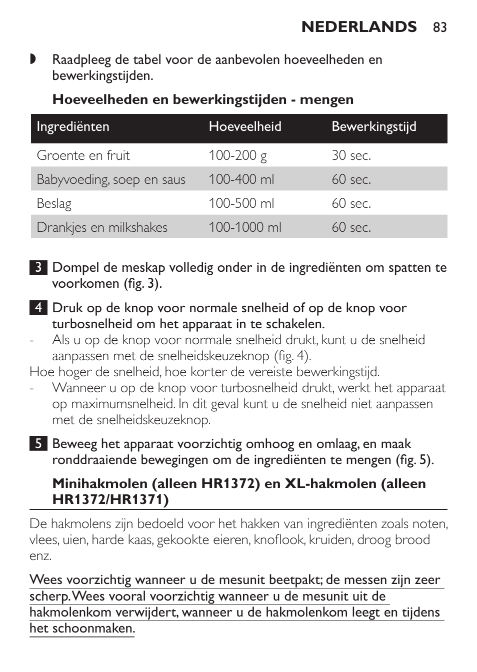 Hoeveelheden en bewerkingstijden - mengen | Philips Pure Essentials Collection Batidora de mano User Manual | Page 83 / 128