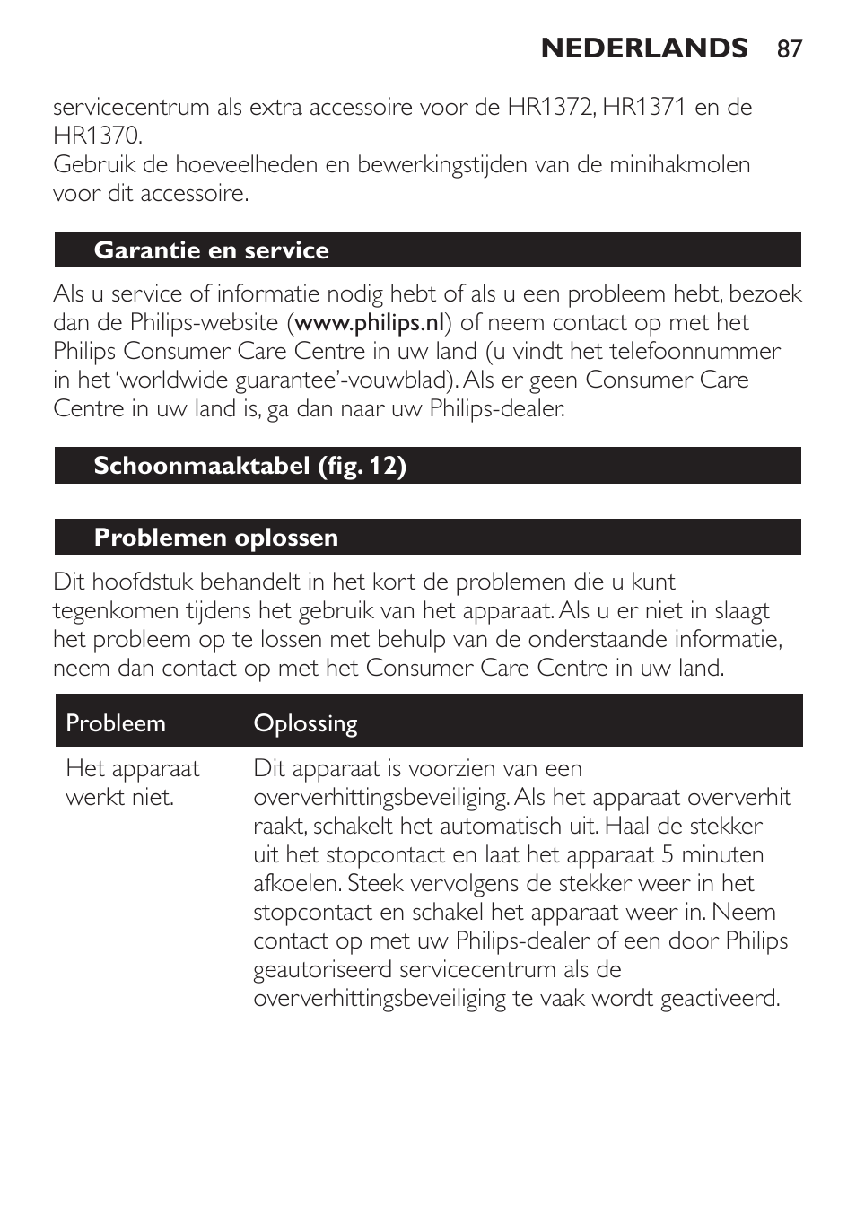 Garantie en service, Schoonmaaktabel (fig. 12), Problemen oplossen | Philips Pure Essentials Collection Batidora de mano User Manual | Page 87 / 128