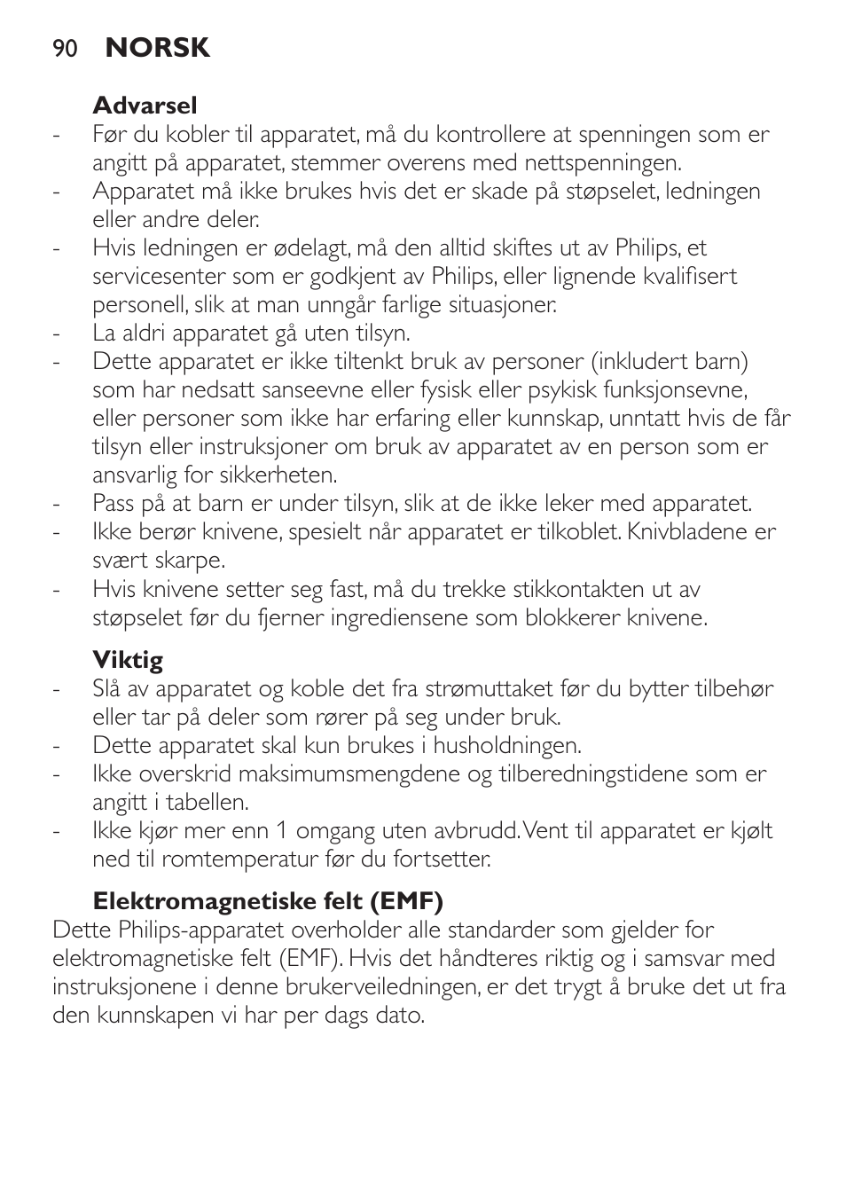 Advarsel, Viktig, Elektromagnetiske felt (emf) | Philips Pure Essentials Collection Batidora de mano User Manual | Page 90 / 128