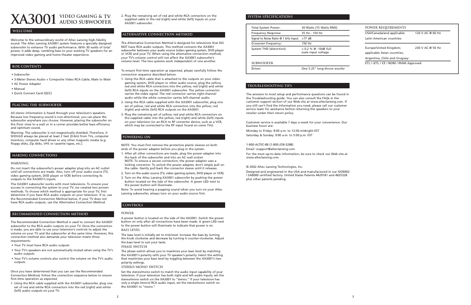 Xa3001, Tv audio subwoofer, Video gaming | Altec Lansing XA3001 User Manual | Page 3 / 5