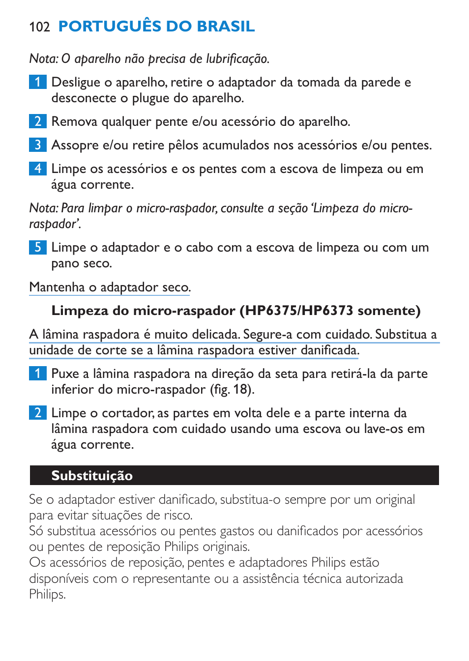 Limpeza do micro-raspador (hp6375/hp6373 somente), Substituição | Philips Bikini Perfect Recortador para la línea del bikini User Manual | Page 102 / 116