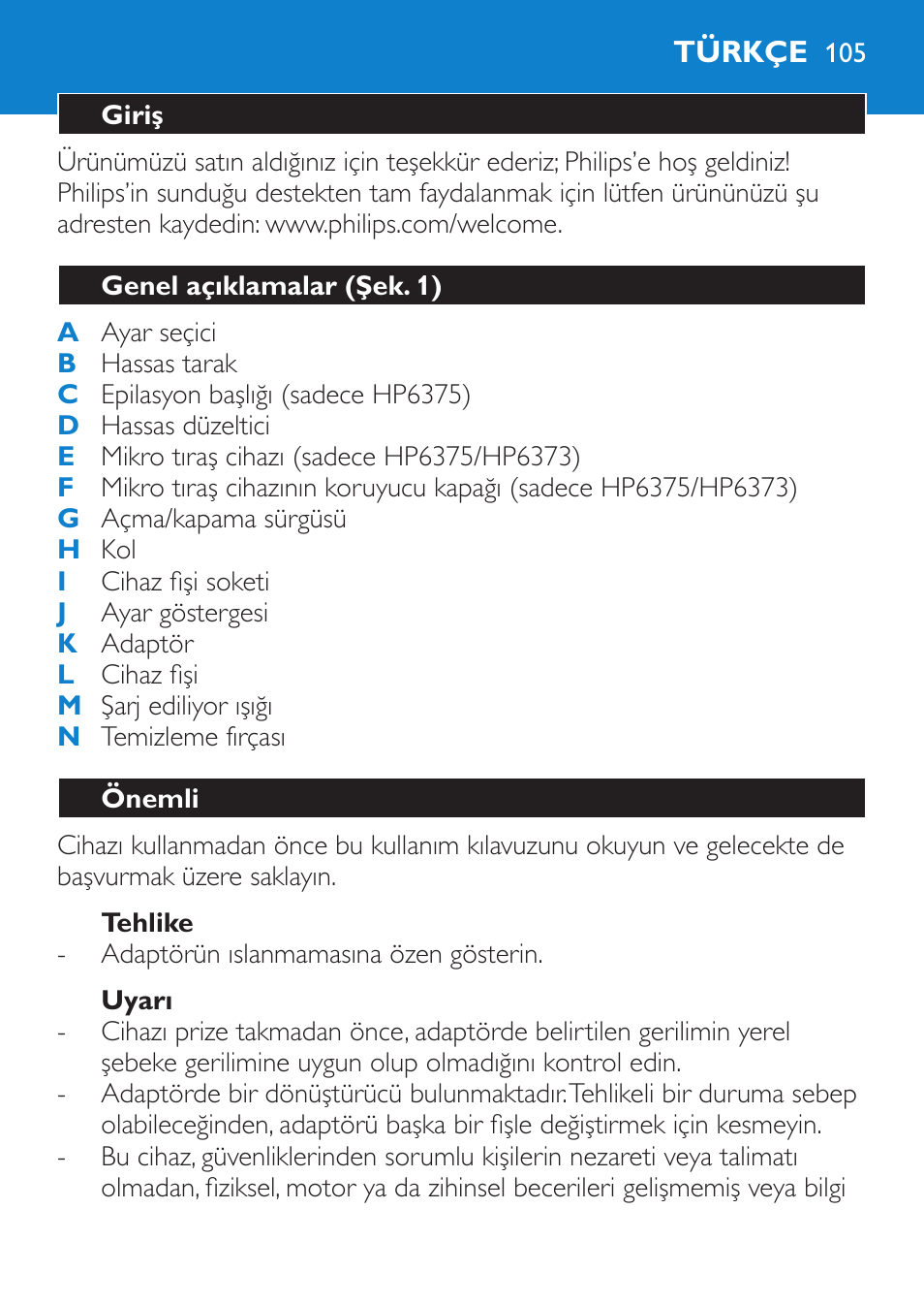 Tehlike, Uyarı, Türkçe | Giriş, Genel açıklamalar (şek. 1), Önemli | Philips Bikini Perfect Recortador para la línea del bikini User Manual | Page 105 / 116