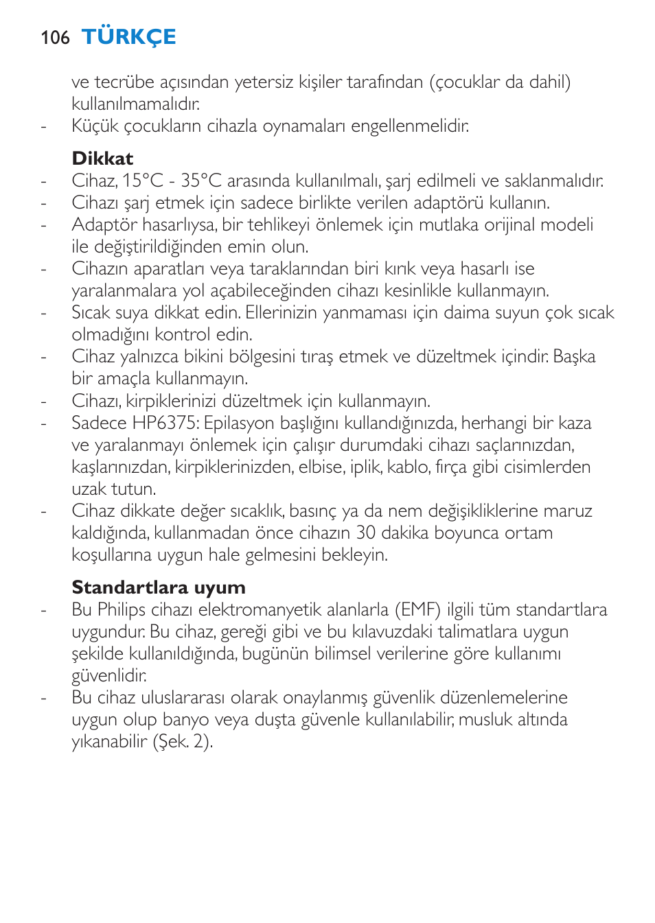 Dikkat, Standartlara uyum | Philips Bikini Perfect Recortador para la línea del bikini User Manual | Page 106 / 116