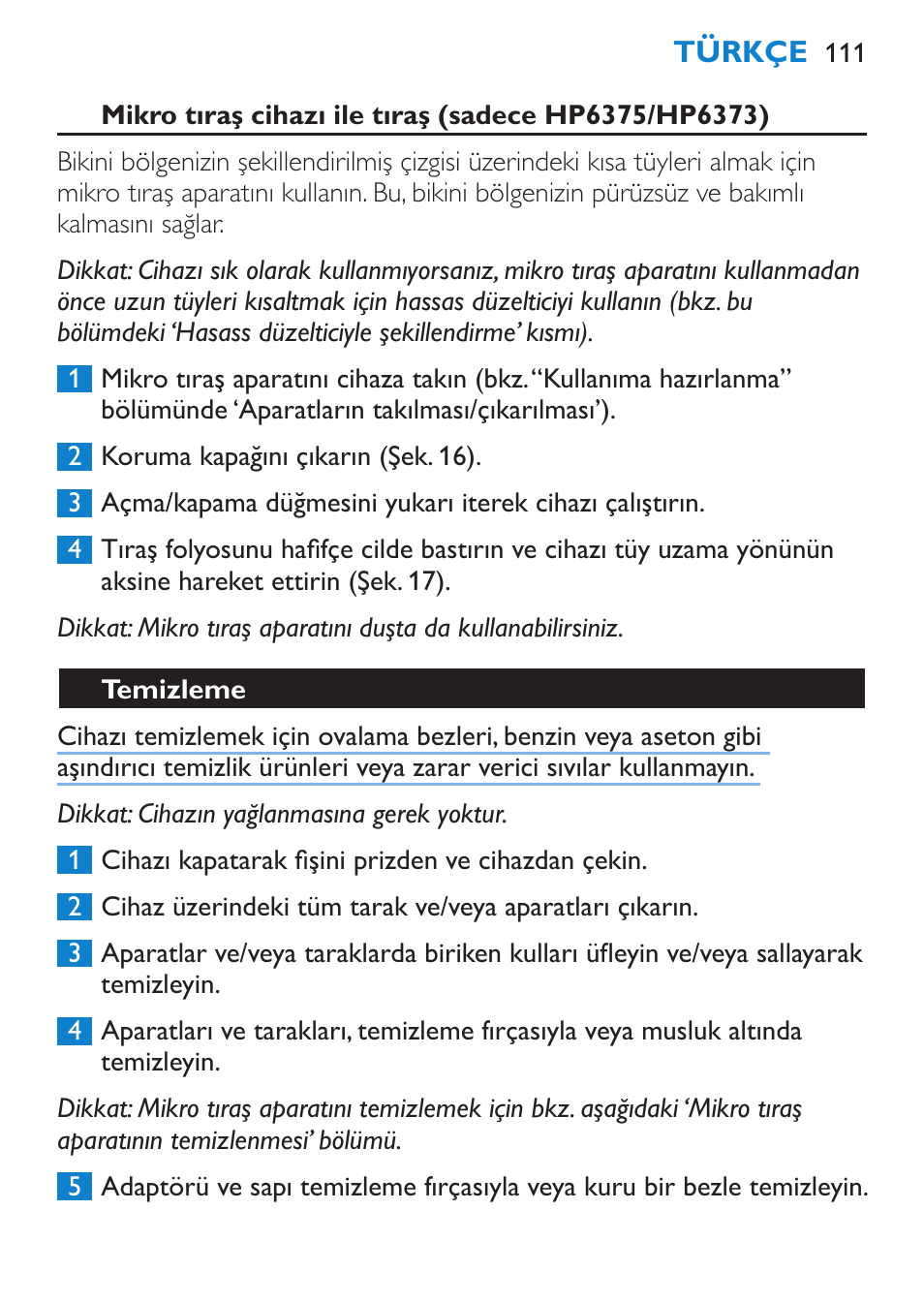 Temizleme | Philips Bikini Perfect Recortador para la línea del bikini User Manual | Page 111 / 116