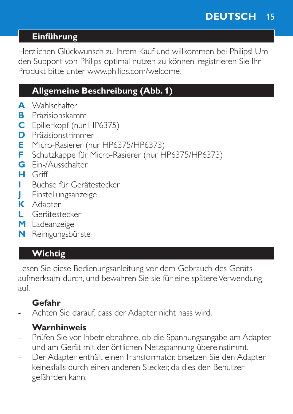 Gefahr, Warnhinweis, Deutsch | Einführung, Allgemeine beschreibung (abb. 1), Wichtig | Philips Bikini Perfect Recortador para la línea del bikini User Manual | Page 15 / 116