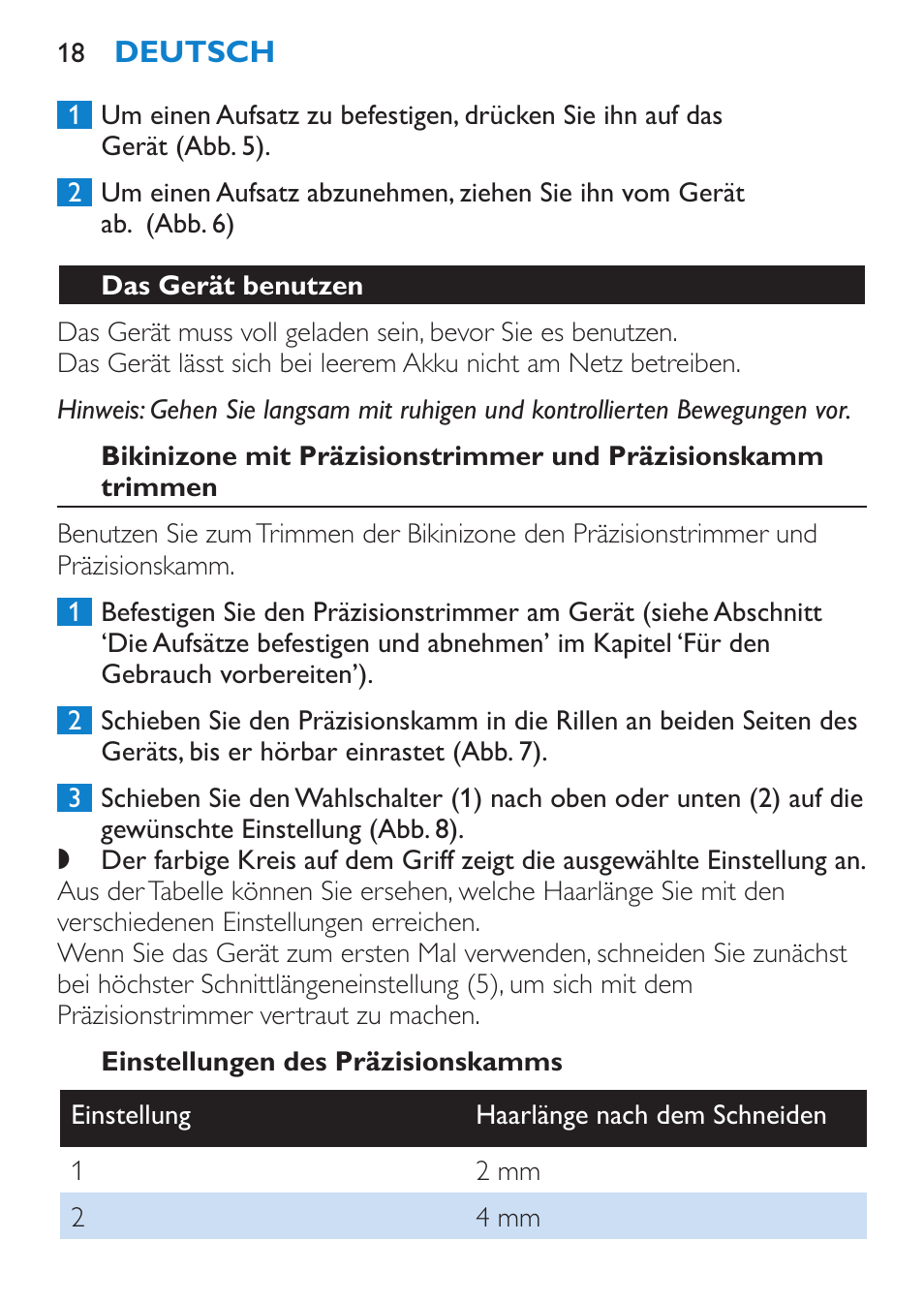 Das gerät benutzen, Einstellungen des präzisionskamms | Philips Bikini Perfect Recortador para la línea del bikini User Manual | Page 18 / 116