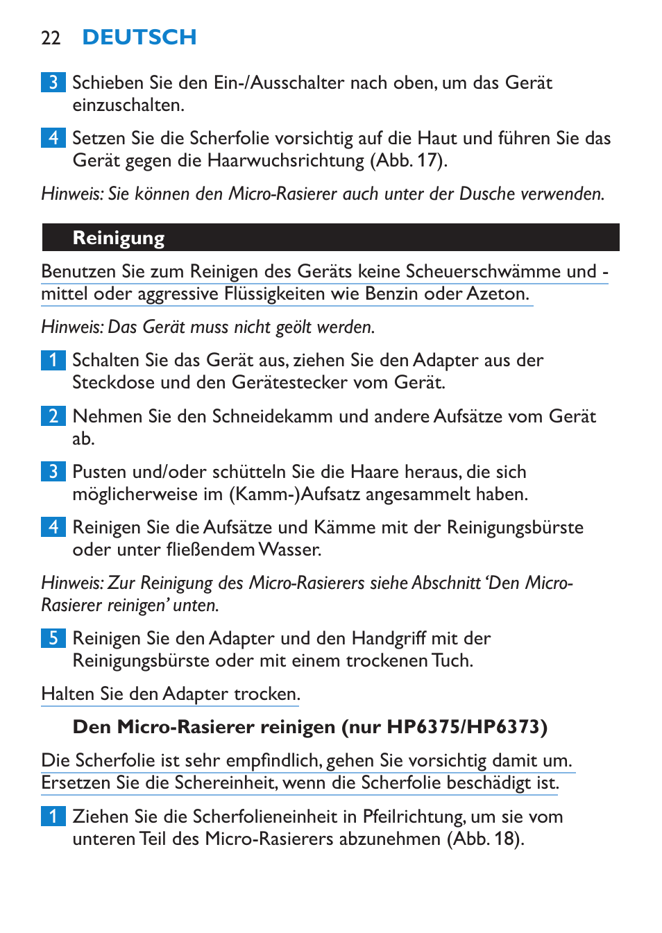 Den micro-rasierer reinigen (nur hp6375/hp6373), Reinigung | Philips Bikini Perfect Recortador para la línea del bikini User Manual | Page 22 / 116