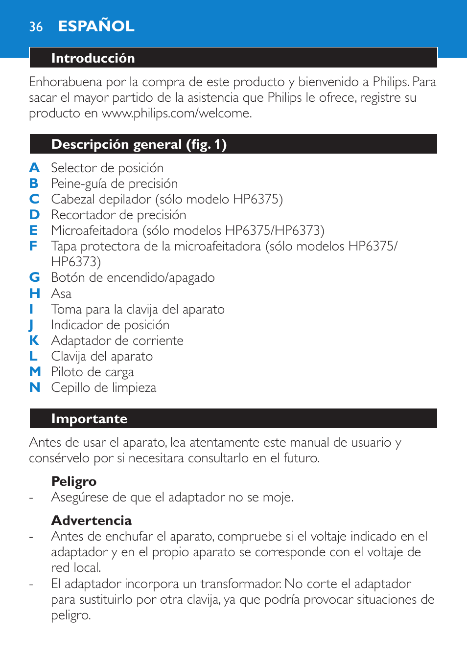 Peligro, Advertencia, Español | Introducción, Descripción general (fig. 1), Importante | Philips Bikini Perfect Recortador para la línea del bikini User Manual | Page 36 / 116