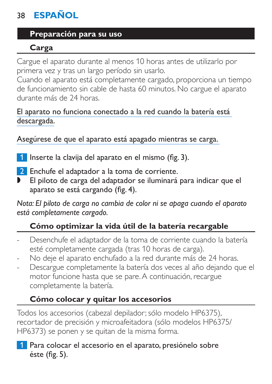 Preparación para su uso, Carga, Cómo colocar y quitar los accesorios | Philips Bikini Perfect Recortador para la línea del bikini User Manual | Page 38 / 116